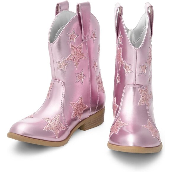 Girls Pink Cowgirl Mid Calf Glitter Western Boots Toddler Star Riding Shoes - Picture 5 of 6